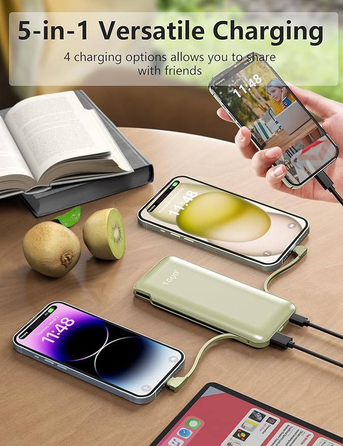 Portable Charger Power Bank with Built-in Cable & AC Plug, 10000mAh Fast USB-C Charger, Slim Mini Battery for iPhone 16/15/14/13/Pro/Max & All USB-C Devices