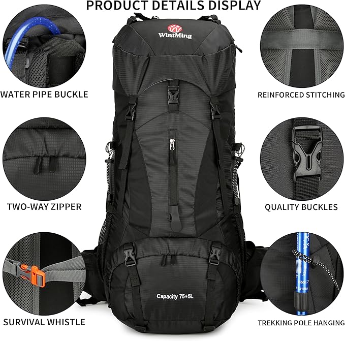 WintMing 75L Hiking Backpack with Rain Cover Waterproof Camping Backpack Shoes Warehouse for Men Women
