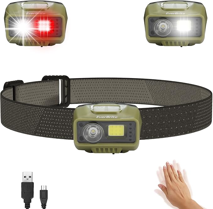 EverBrite Rechargeable Headlamp, LED Bright Motion Sensor Head Lamp Flashlight with 9 Modes, Adjustable Headlight for Adults with White Red Light, Water Resistant, Green, for Hiking, Running, Camping