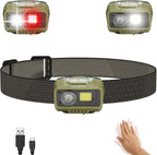 EverBrite Rechargeable Headlamp, LED Bright Motion Sensor Head Lamp Flashlight with 9 Modes, Adjustable Headlight for Adults with White Red Light, Water Resistant, Green, for Hiking, Running, Camping