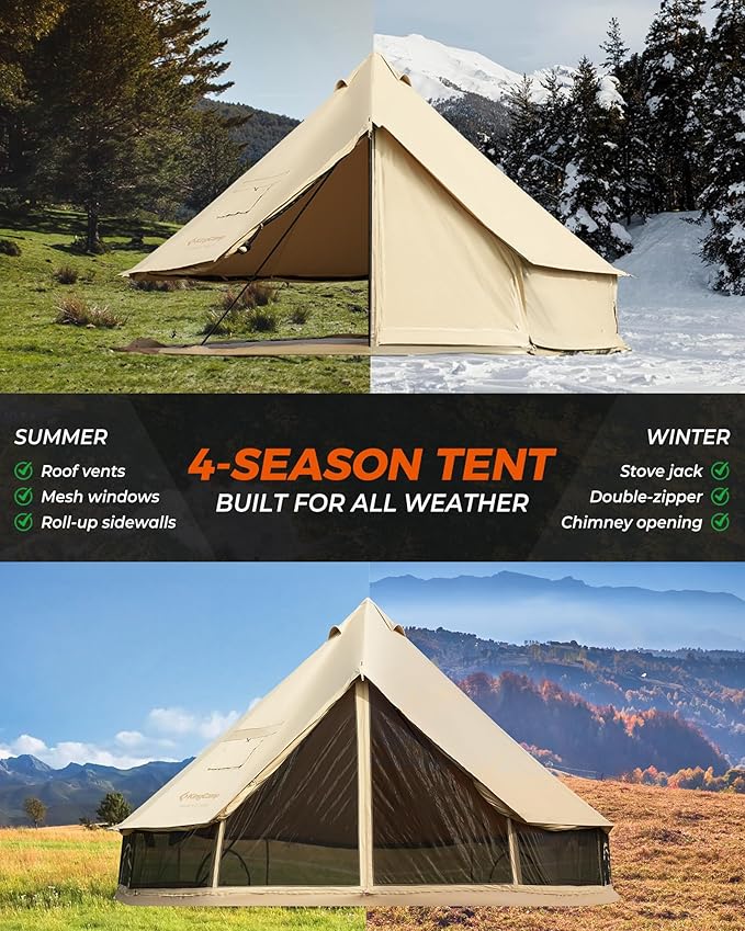 KingCamp Canvas Bell Yurt Tents, 4 Seasons Large Waterproof & Windproof Luxury Glamping Tent w/Stove Jack for Family Outdoor Camping, Hunting, Parties