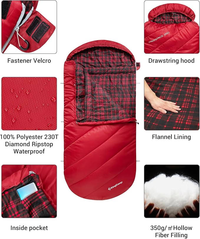 KingCamp Sleeping Bag for Adults, Cold Weather & Warm Extra Wide Big & Tall XL Portable Waterproof Flannel Sleeping Bags, Essentials Gear Accessories for Camping Backpacking Hiking Indoor & Outdoor