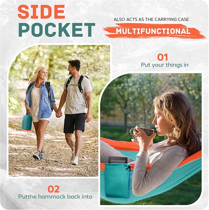 Camping Hammock Lightweight, Portable Hammocks Parachute Hammock with Two Tree Straps, Single or Double Travel Swing Nylon Camp Hammocks, Outdoor Essentials for Beach Backpacking Hiking, Orange