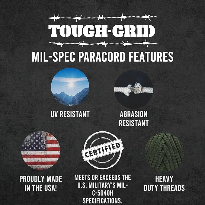 TOUGH-GRID 550 Paracord Rope Nylon Parachute Cord, Made in USA Survival Kit, Outdoor Adventures, Camping, Tactical Gear & Emergency Supplies, Military Type III Mil-Spec
