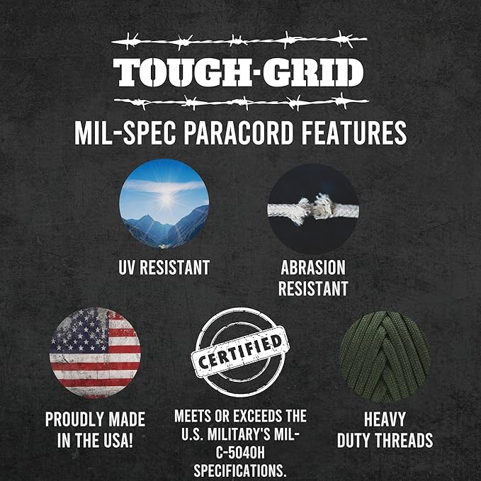TOUGH-GRID 550 Paracord Rope Nylon Parachute Cord, Made in USA Survival Kit, Outdoor Adventures, Camping, Tactical Gear & Emergency Supplies, Military Type III Mil-Spec