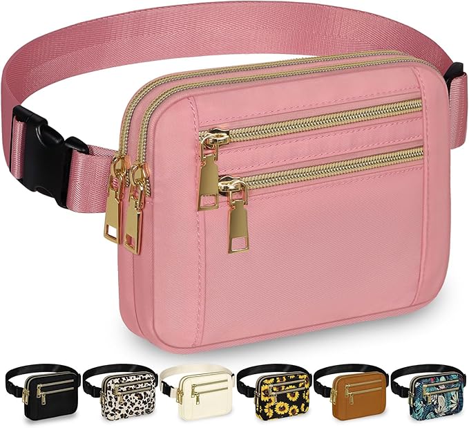 Capolo Fanny Packs for Women Fashion Waist Packs Bag with Adjustable Strap and 4 Zipper Pockets Waterproof Everywhere Crossbody Belt Bag for Workout Running Travelling(Pink, Large)