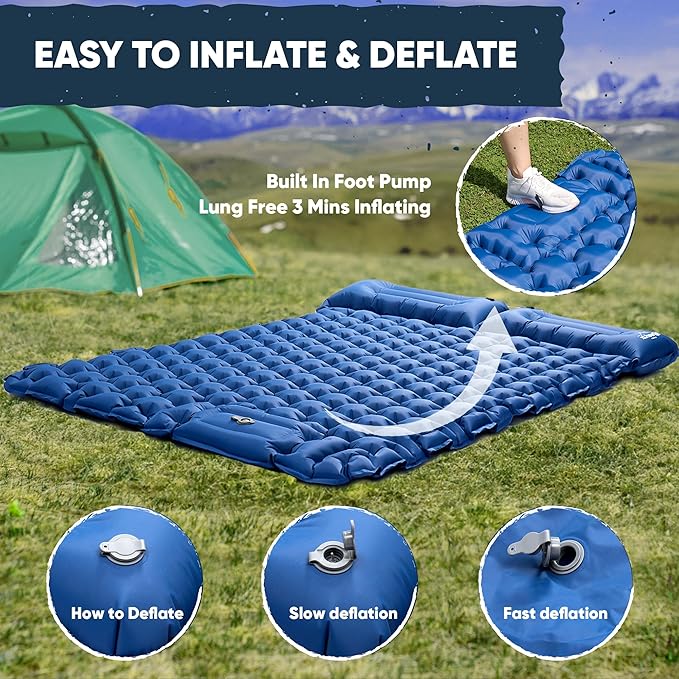 POWERLIX Double Sleeping Pad Camping Pads for 2 Person with Pillow, Built-in Foot Pump Inflatable Sleeping Mat for Backpacking, Hiking, Traveling, Outdoor, Portable Tent Camping Mattress