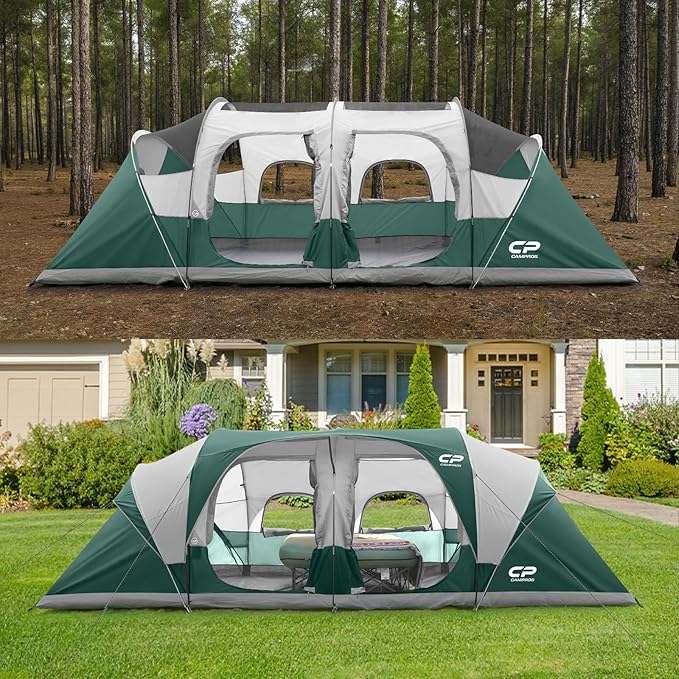 CAMPROS CP Tent 12-Person-Camping-Tents,3 Room Family Tents,Waterproof Windproof Family Tent with Top Rainfly,6 Large Mesh Windows,Double Layer,Easy Set Up, Portable with Carry Bag-20' x 9' x 72"(H)