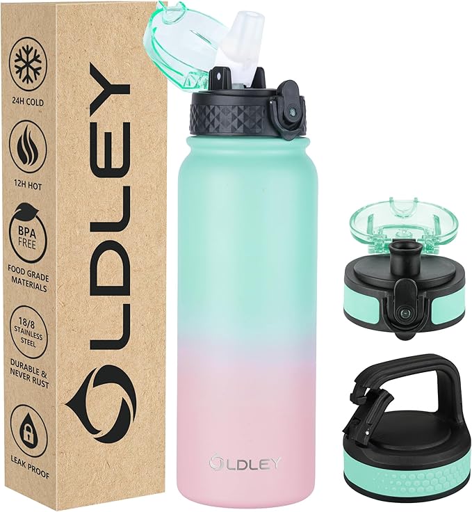 Insulated Water Bottle 20oz for Adults Kids Stainless Steel Water Bottles with Straw/Chug/Carabiner 3 Lids Fruit Strainer Double Wall Vacuum Wide Mouth BPA Free Sweat/Leak-Proof for School Travel