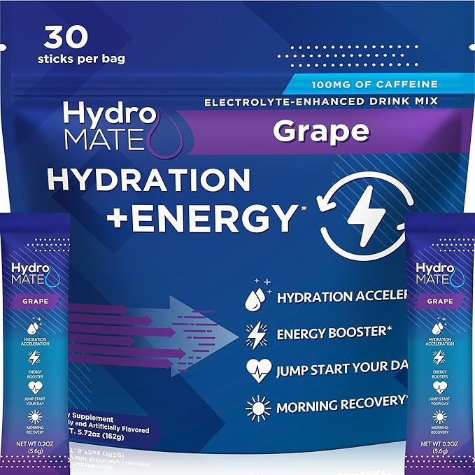 HydroMATE Electrolytes Powder Drink Mix Packets Hydration Accelerator Low Sugar Rapid Party Relief Recovery Vitamin C Plus Caffeine Grape Pack 30 Count