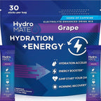 HydroMATE Electrolytes Powder Drink Mix Packets Hydration Accelerator Low Sugar Rapid Party Relief Recovery Vitamin C Plus Caffeine Grape Pack 30 Count