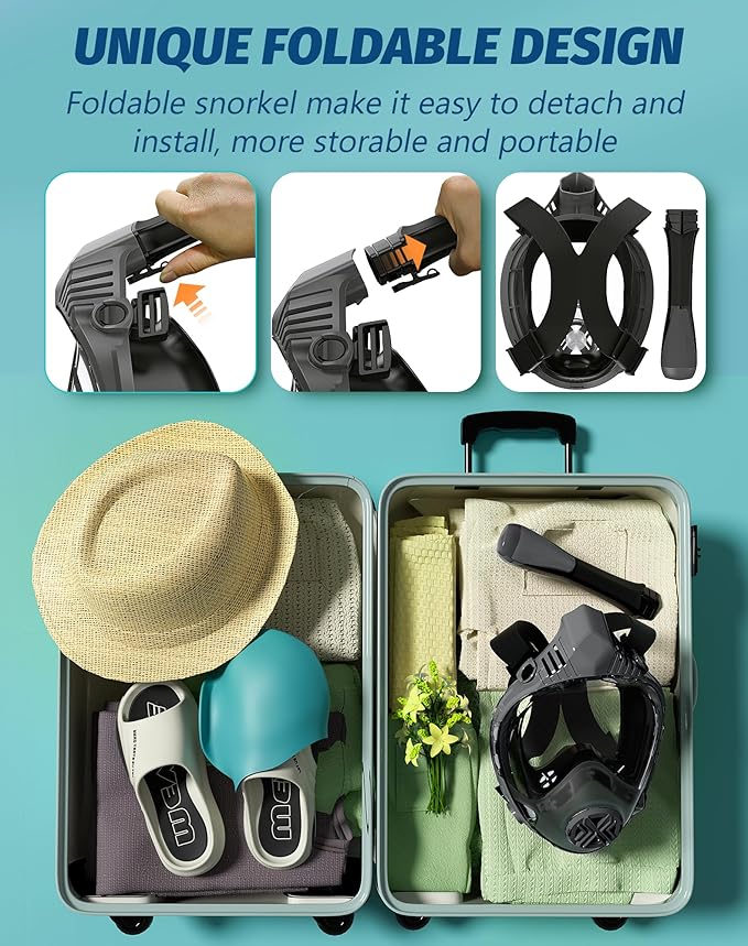 Full Face Snorkel Mask- Snorkeling Gear for Adults with Safe Dry Top Breathing System, Latest Foldable Panoramic View Snorkeling Mask for Men and Women, Anti Fog Anti Leak