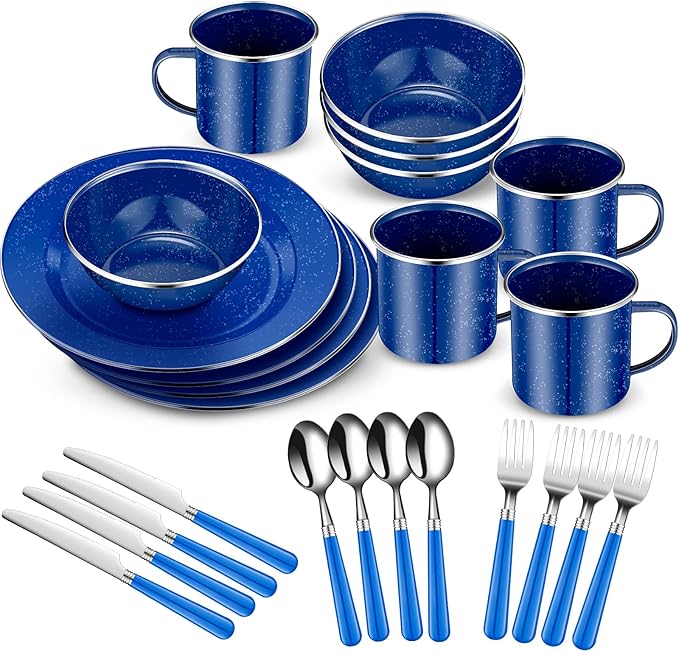 Nuogo 24 Pcs Enamel Camping Tableware Includes 12 oz Coffee Mugs 10.5 Inch Camping Plates 6 Inch Bowls and Utensils Set Includes Knife Fork Spoon for Outdoor RV (Blue)
