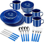 Nuogo 24 Pcs Enamel Camping Tableware Includes 12 oz Coffee Mugs 10.5 Inch Camping Plates 6 Inch Bowls and Utensils Set Includes Knife Fork Spoon for Outdoor RV (Blue)