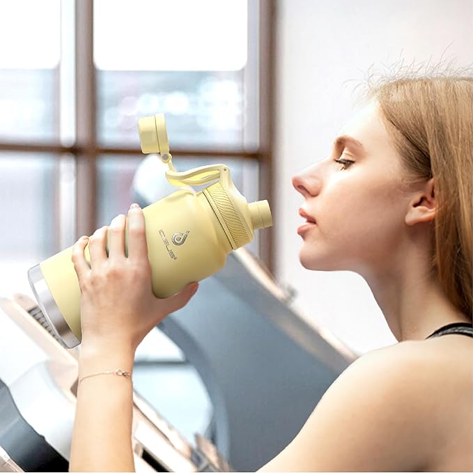 IDEUS Insulated Stainless Steel Water Bottle with 2 Leak-Proof Lids, Thermal Water Flask for Hiking Biking, 32oz, Light Yellow