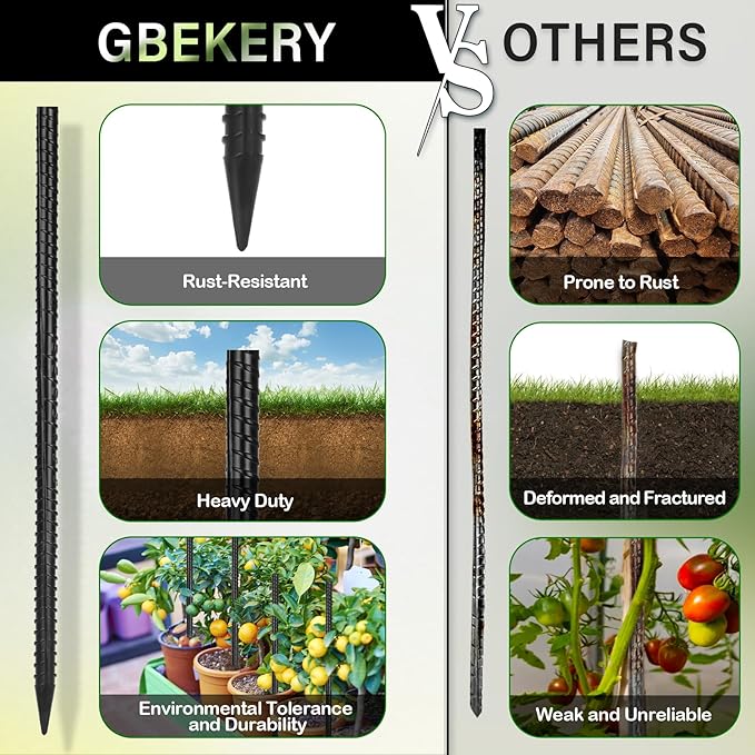 16 Inches Rebar Stakes(16pcs) Heavy Duty Straight Metal Ground Anchors with Chisel Point Ends for Timber,Concrete,Plant Support,Camping Tents,3/8 Inch Thickness Garden Stakes,Black