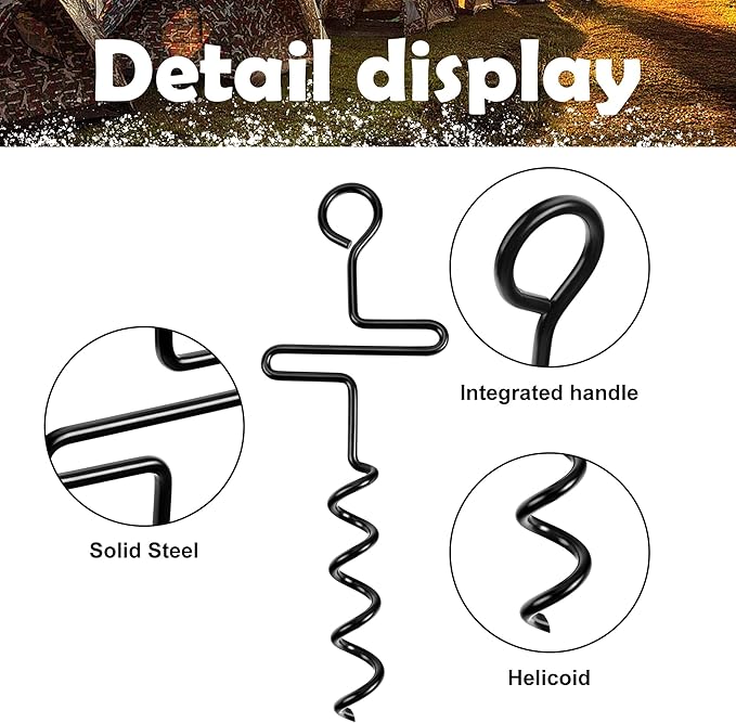 RunNico 4 Pcs Blinds and Tarps Auger Stakes-13 Inch Steel Hunting Blind Stakes-Heavy Duty Forged Steel Tent Stakes for Ground Blinds Tent Camping and Tarps, Black, RN-Hunting-Tent-Stakes-4pcs