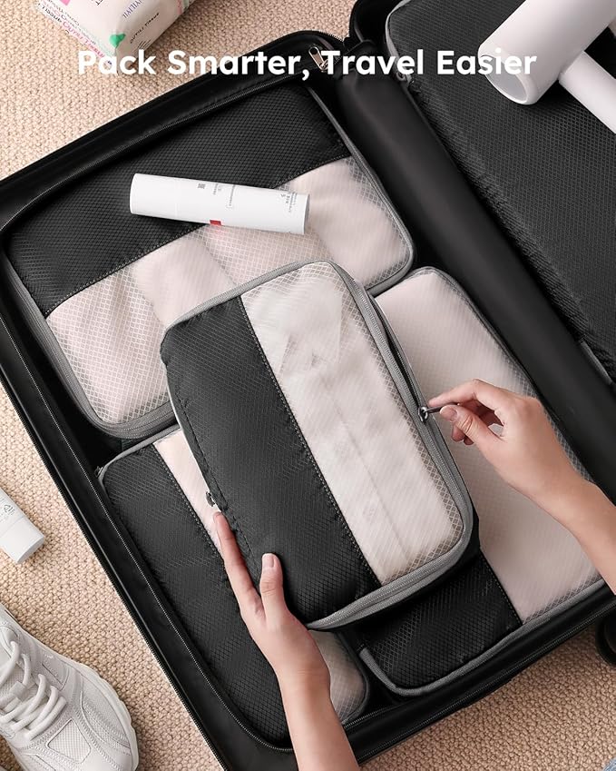 4 Set Compression Packing Cubes for Travel, Bonus Versatile Drawstring Backpack, Lightweight Luggage Organizer Bags, Sturdy Travel Accessories for Suitcase, Black