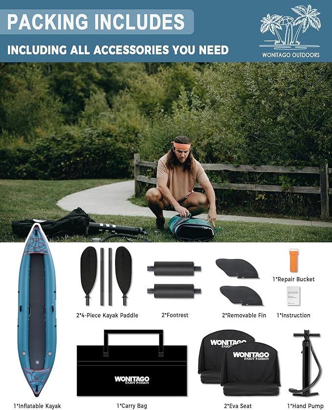 PVC Inflatable Kayak with Drop Stitch Floor, Recreational Touring Kayak with Kayak Paddle, Hand Pump and Carrying Bag, 1-2 Person