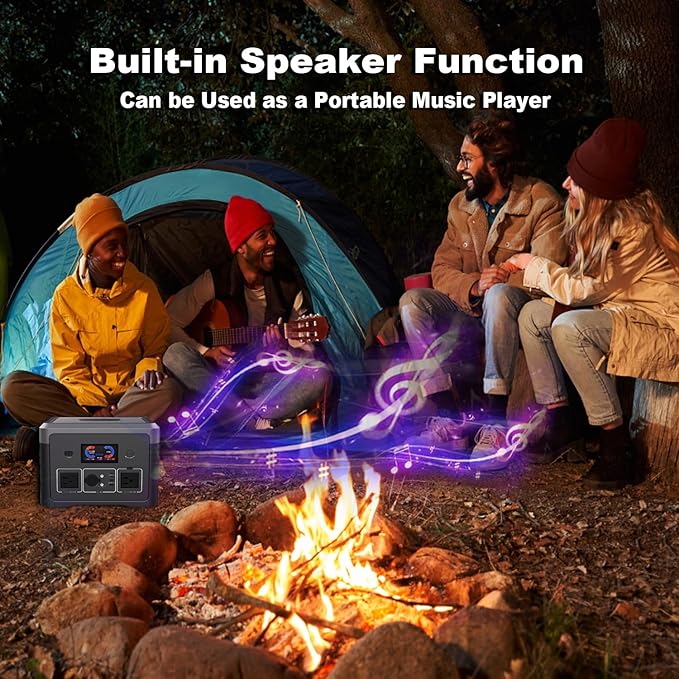 Portable Power Station, 384Wh LiFePO4 Battery Backup, 600W(1800W Peak) Solar Generator with 10 Outlets,UPS Function, Solar Power Station for Home Emergency,Camping,RV, Music Player&LED Lights