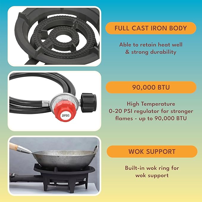 CONCORD Roadster Burner. 13" Cast Iron Single Propane Wok Burner. Dual Controlled Burner Rings, 90,000 BTU. Outdoor Cooking, Wok Stir Frying, Countertop Burner.