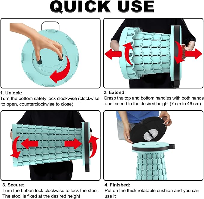 ALEVMOOM Upgraded Portable Collapsible Stool with Cushion, Telescoping Folding Stool for Adults, Lightweight Yet More Sturdy Capacity 600 lbs for Camping Fishing Hiking BBQ