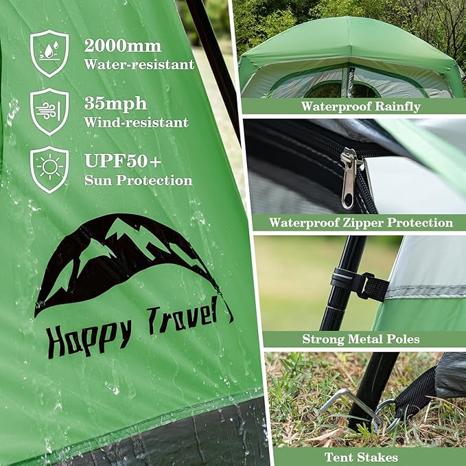 Happy Travel Tent 6 Person Tents for Camping, Waterproof Easy Setup Camping Tent with Rainfly, Portable Large Family Cabin Tent with 5 Large Mesh Windows and Carry Bag for Outdoor Camping & Hiking