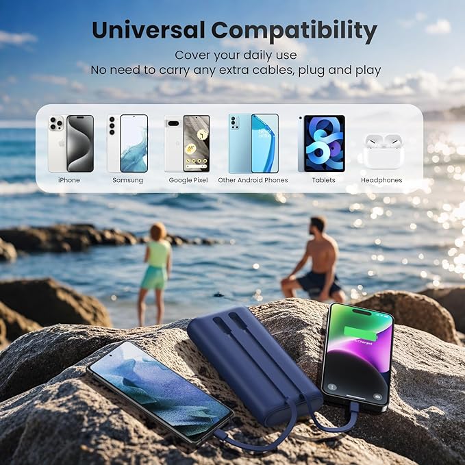 Portable Charger 40,800mAh Power Bank 25W Portable Battery Pack with 2 Built in Cables [2024 Upgraded], PD QC4.0 Fast Charging Portable Phone Charger Compatible with iPhone 16/15,Android Samsung-Navy