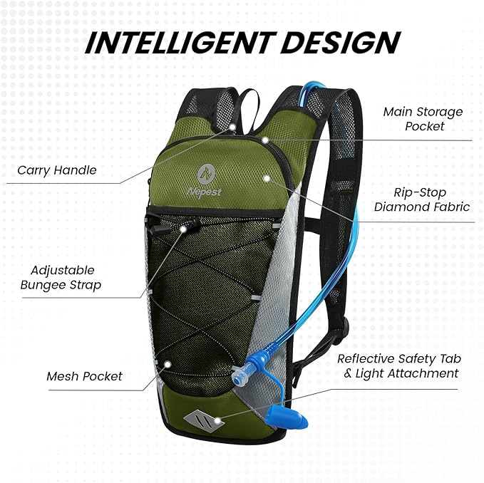 Nepest Hydration Backpack with 2L Water Bladder for Cycling, Water Backpack for Hiking Running, Lightweight Hydration Pack, Grey