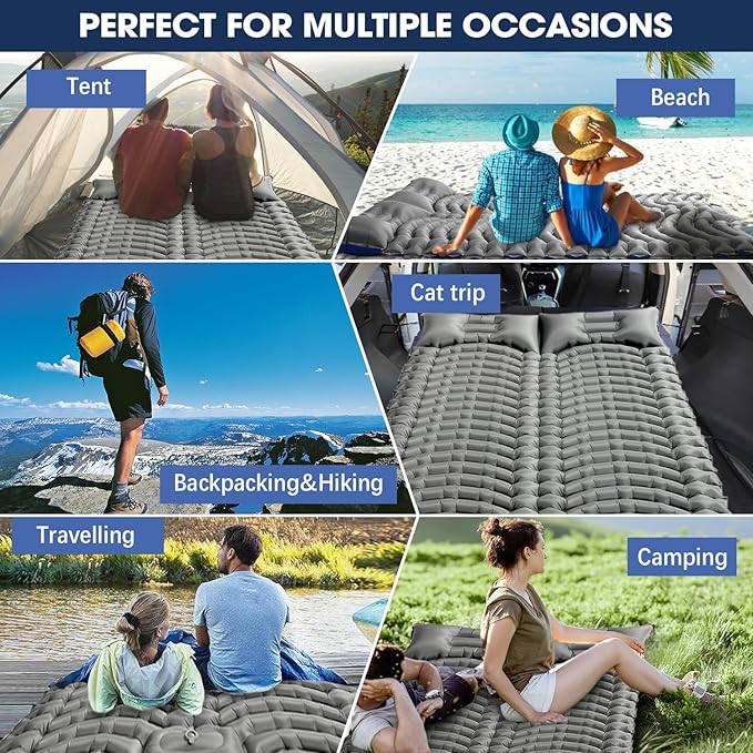 Double Sleeping Pad for Camping - Ultralight Camping Mattress with Pillow, Built-in Foot Pump, Compact Inflatable 2-Person Portable Mat for Backpacking, Hiking, Car Traveling, Beach, Tent