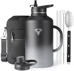 64 oz Insulated Water Bottle with Straw and Lid, Half Gallon Stainless Steel Cup with Handle,Leakproof Metal Travel Jug Flask Mug Tumbler Cup With Carry Pouch and Brush,Keep Cold & Hot,Grey