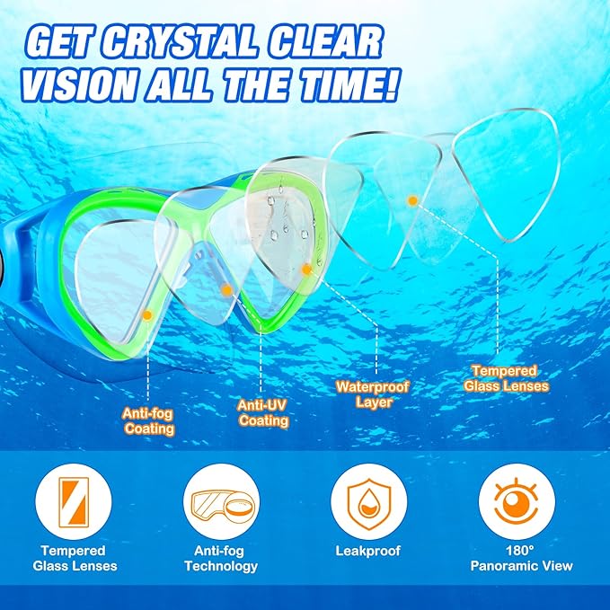 Kids Snorkel Set Dry Top Snorkeling Gear for Kids Boys Girls Youth Junior Age 5-15, Anti-Fog Anti-Leak Snorkel Mask Scuba Diving Mask Swimming Goggles with Nose Cover