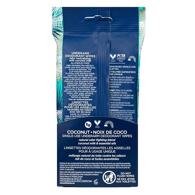 Pacifica Deodorant Wipes - Coconut Scented Body Wipes, Aluminum-Free After Workout Underarm Deodorant, Helps Fight Body Odor, Travel, Summer, Long Flight, and Gym Essentials for Men and Women - 30 pcs