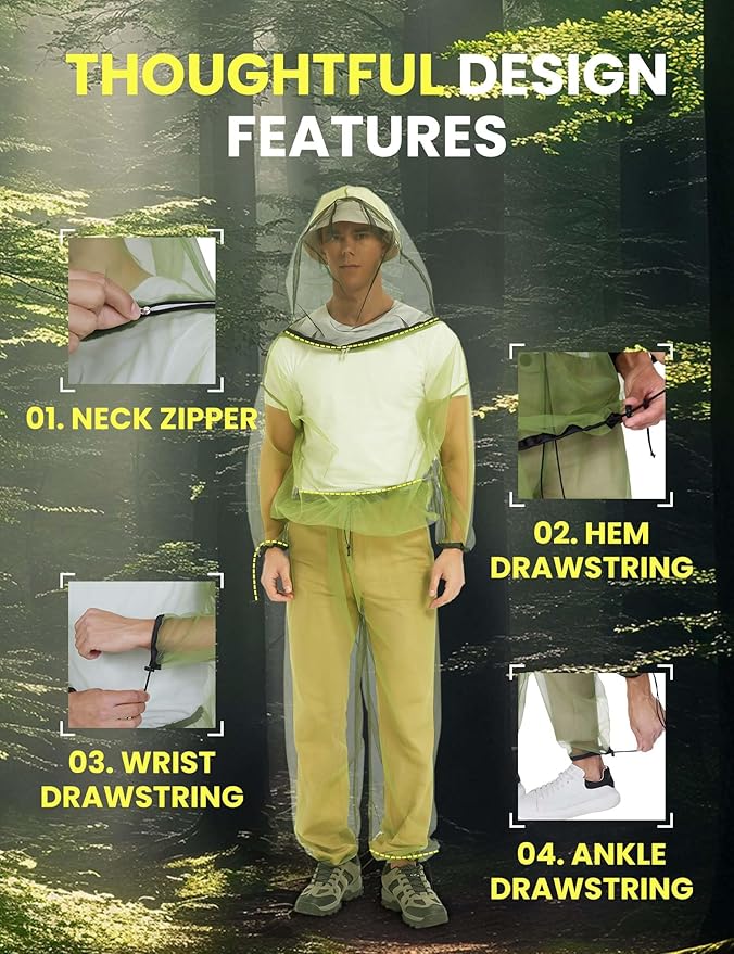 HENNCHEE Mosquito Suits for Adult, Mesh Net Bug Hooded Jacket Pant, Outdoor Full Body Protection Mosquito Proof Clothing