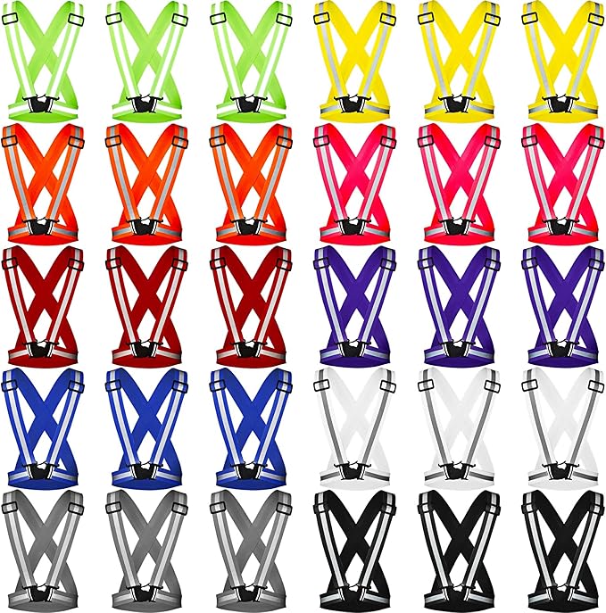 Macarrie 30 Pcs Reflective Running Vest Multicolor Adjustable High Visible Reflective Vests for Men Women Bulk Night Running Walking Jogging Cycling Outdoor Activity