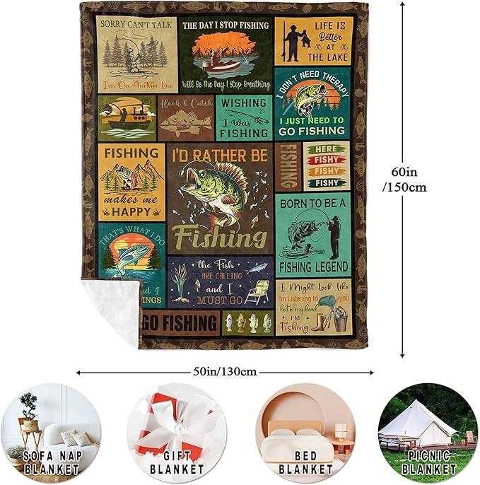 Fishing Gifts for Men/Women, Fishing Blanket 60"x50", Cool Funny Fishing Gifts for Teen Boys, Fish Themed Blanket