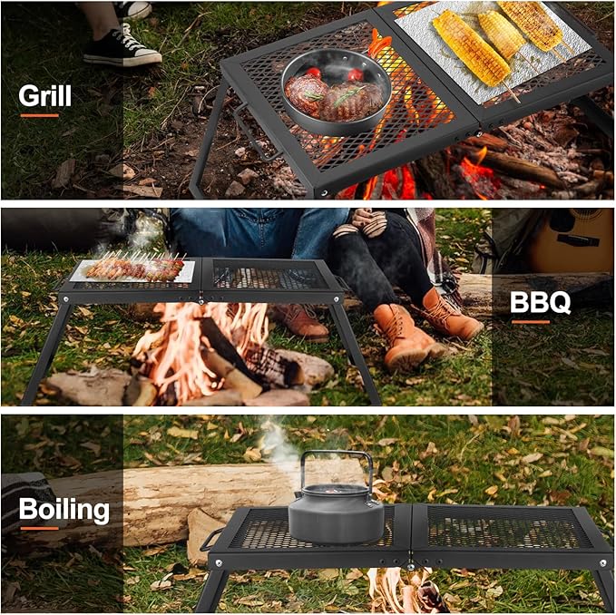 Odoland Folding Campfire Grill, Heavy Duty Steel Mesh Grate with Folding Legs and Storage Bag, Portable Camping Grates, Over Fire Pit Grill Rack for Outdoor Cooking and Bonfire