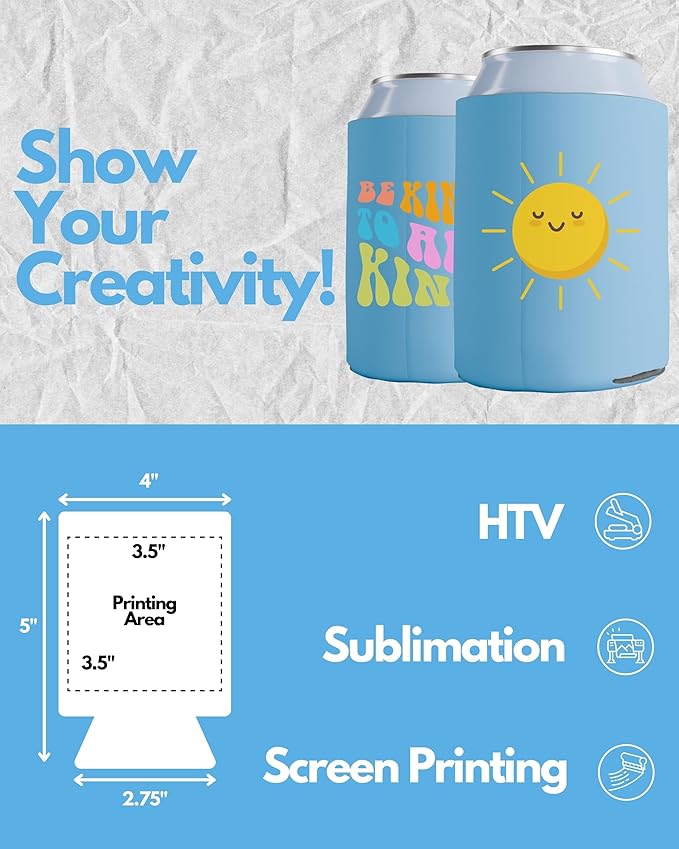 PartyPrints 1000 Pack Placid Blue Blank Can Cooler Sleeves, Customizable Bulk Sublimation Can Coolers, Extra-Thick Collapsible Drink Insulator Sleeve, Beer Can Coolers for Party Beverages