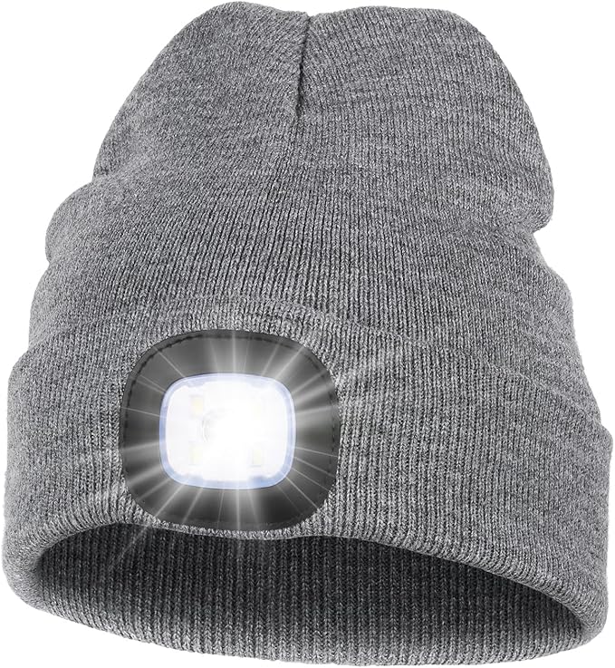 MELASA Unisex Hat with Light, USB Rechargeable Hands Free Headlamp LED Beanie, Winter Gifts for Men Dad Father Husband Him