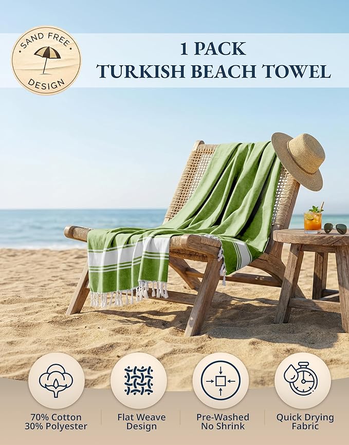 LANE LINEN Turkish Beach Towels, Extra Large Beach Towel, Pre-Washed for Soft Feel, Oversized Sand Free Quick-Dry Pool Towel, Beach Towels for Adults - Jade Lime