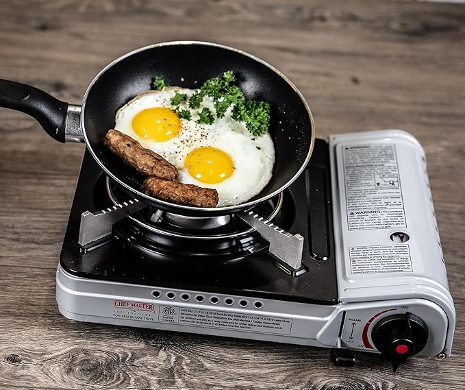 12,000 BTU Portable Butane Camping Stove with 4 x 8oz. Butane Fuel Canister Combo, Double Wind-Guard Portable Stove w/Carry Case for Road Trips, Camping, Tailgating & Emergencies by Chef Master 90235