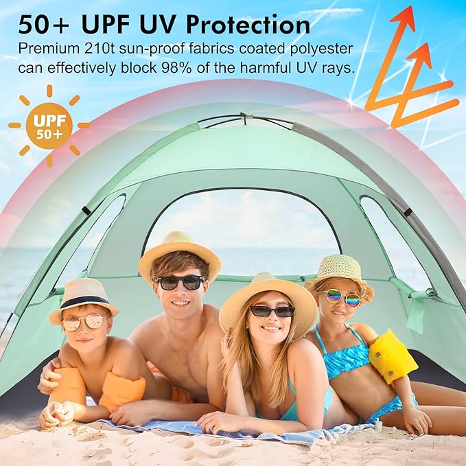 WhiteFang Beach Tent Anti-UV Portable Sun Shade Shelter for 3/4/6/8 Person, Extendable Floor with 3 Ventilating Mesh Windows Plus Carrying Bag, Stakes and Guy Lines