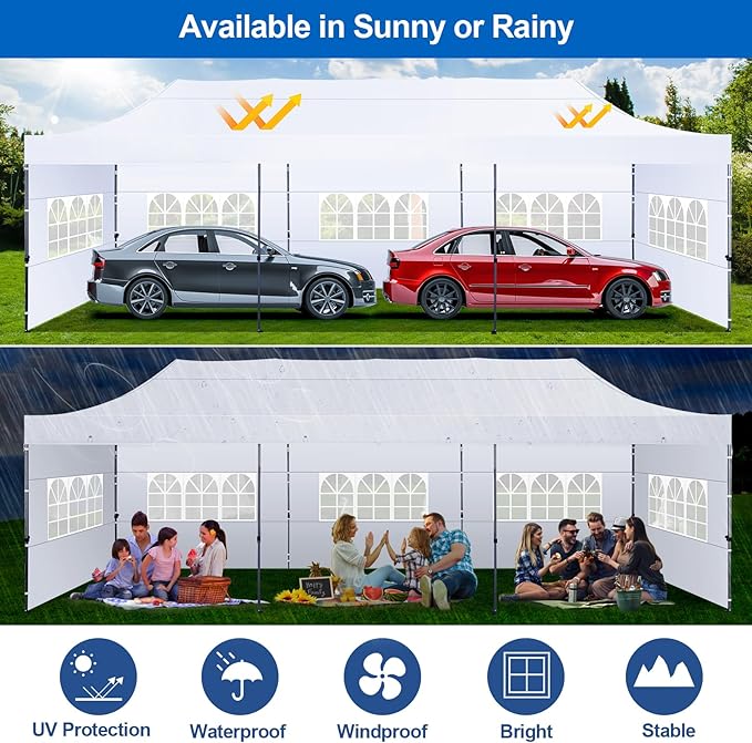 COBIZI 10x30 Pop up Canopy Tent 10x30 Canopy with 8 Sidewalls Waterproof Heavy Duty Commercial Canopy Tent for Parties Outdoor Tent Garden Gazebo Tent, Carry Bag with Wheel(10x30ft, White)