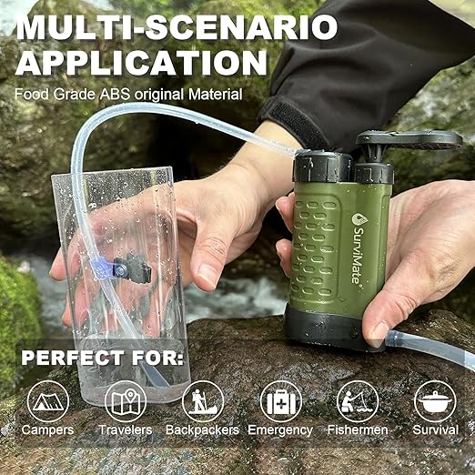 SurviMate Water Purifier Survival Pump，Replacement Cartridge，0.01 Micron 5-Stage Water Purifier System，Hand Pump Water Filter Portable Outdoor Emergency，Camping, Hiking, Backpacking