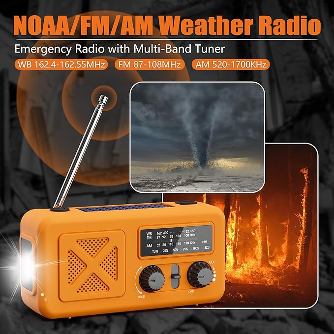 Emergency Radio Hand Crank Solar, 5000mAh/18500mWh Emergency Weather Radio, Solar Crank Radios with NOAA/AM/FM, Rechargeable Headlight, Thermal Blanket, Paracord Bracele, for Outdoor & Home