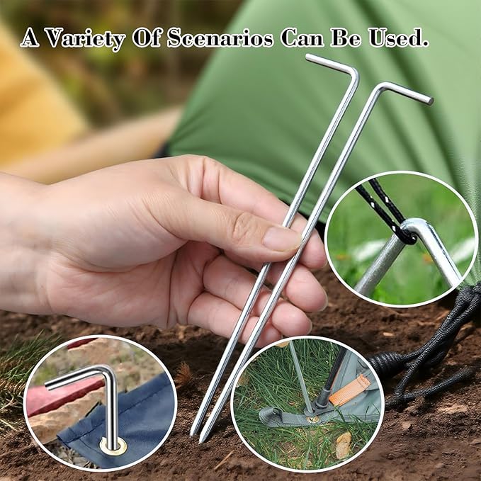 18 Pack 6.5 Inch Metal Tent Stakes Heavy Duty Ground Pegs for Camping, Canopy, Christmas Decor & Gardening, Non-Rust Outdoor Tent Accessories Camping Essentials