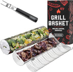 Rolling Grill Basket, New Opening Design, Extra Sturdy Cylinder Grilling Basket, Food Grade Stainless Steel, Large Portable Outdoor Camping accessories BBQ Net Rack, Cooking Griller for Fish, Vegetables, and More - Gifts for Men Dad Husband - Set of 2