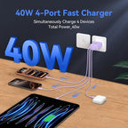 USB C Wall Fast Charger Block, 40W 4-Port Type C Charger Fast Charging Blocks PD Power Charger Adapter+QC 3.0 USB Multiport Charger Brick for Phone 17/16/15/14/13/12 Pro Max, Pad, Galaxy S25-Lavender