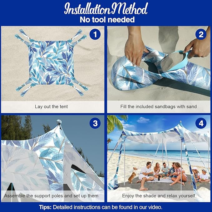 Rhino Valley Beach Tent Shade Canopy UPF50+ Protection, 8 Sandbags, 4 Stability Poles, Outdoor Sun Shelter Umbrella for Sand, Camping, Fishing Essentials