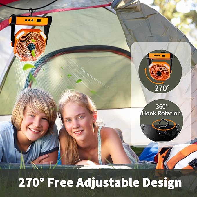 Camping Fan with Smart Voice， 22500mAh Battery Powered Portable Fan with Light&Hook, 5-Speed 270°Adjustable, Camping Essentials for Indoor, Tent, Travel, Patio, RVing, BBQ, Fishing, Jobsite